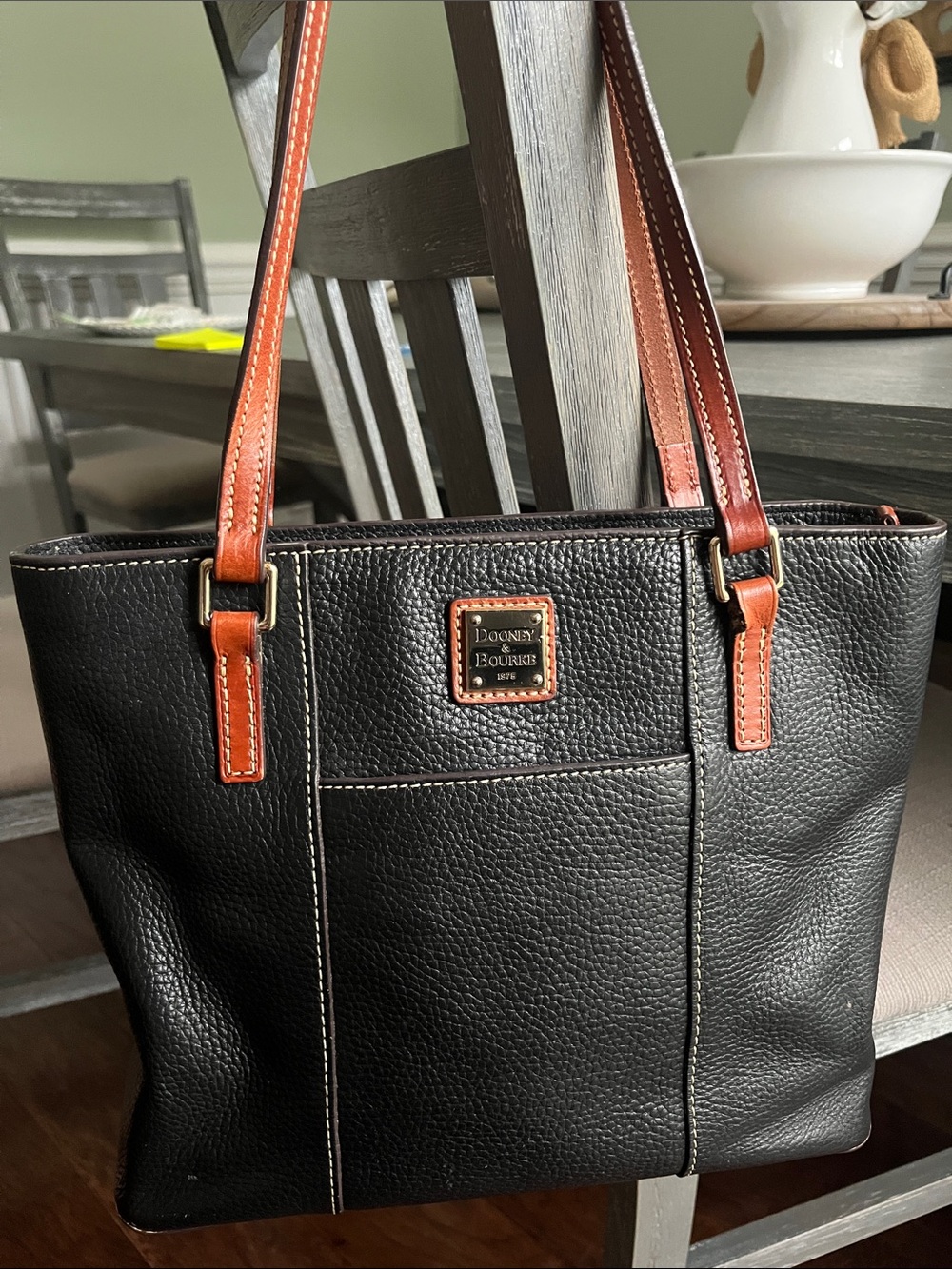 Dooney & Bourke Black Leather Shoulder Bag with Brown Trim